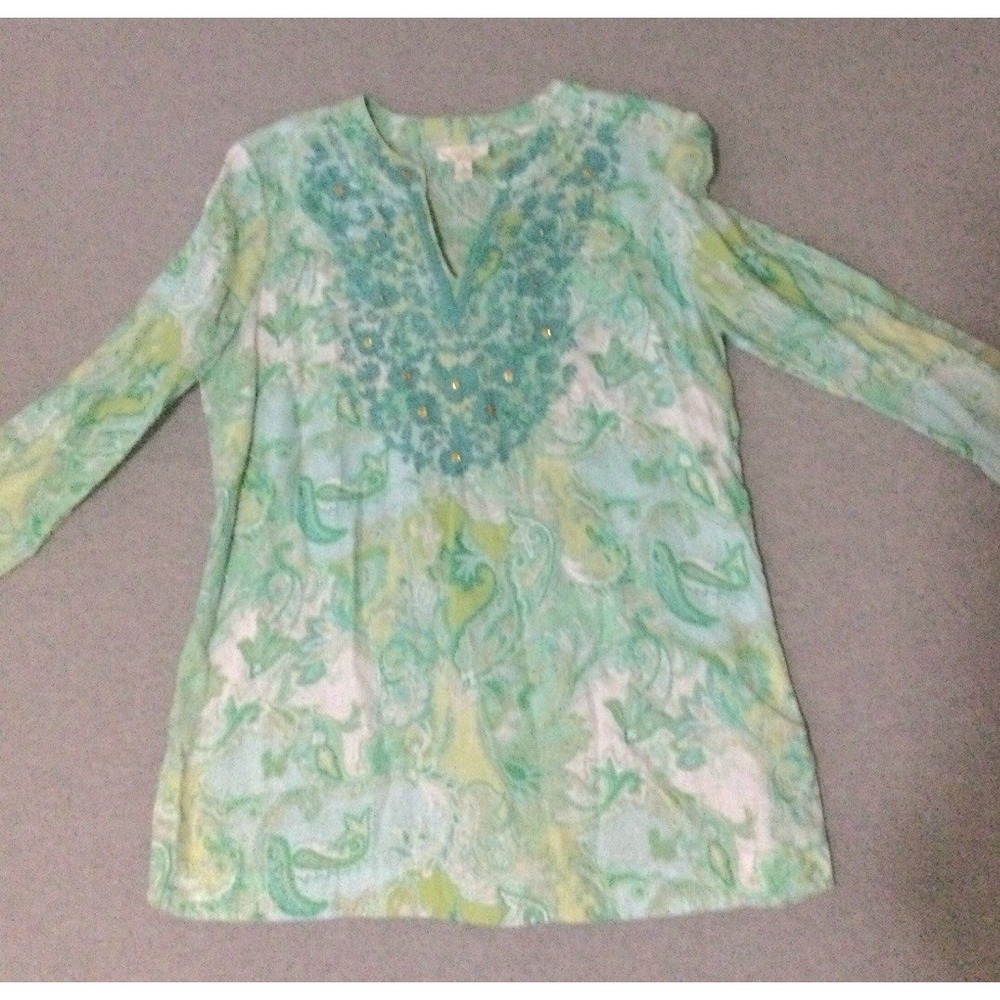 Charter Club Luxury 100% Linen Embroidered Tunic - Aqua Paisley  sz Large